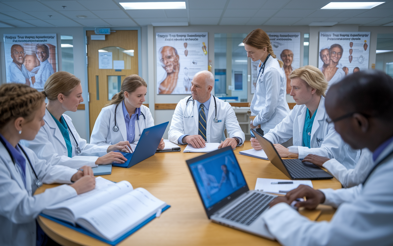 An informative hospital setting featuring a group of medical students engrossed in a case discussion with their attending physician. The scene captures a large round table with medical textbooks and laptops open, as they collaborate on patient care strategies. The atmosphere is animated, with bright overhead lighting, emphasizing knowledge sharing and teamwork. Posters illustrating medical conditions and treatments adorn the walls, visually engaging viewers in the clinical learning process.