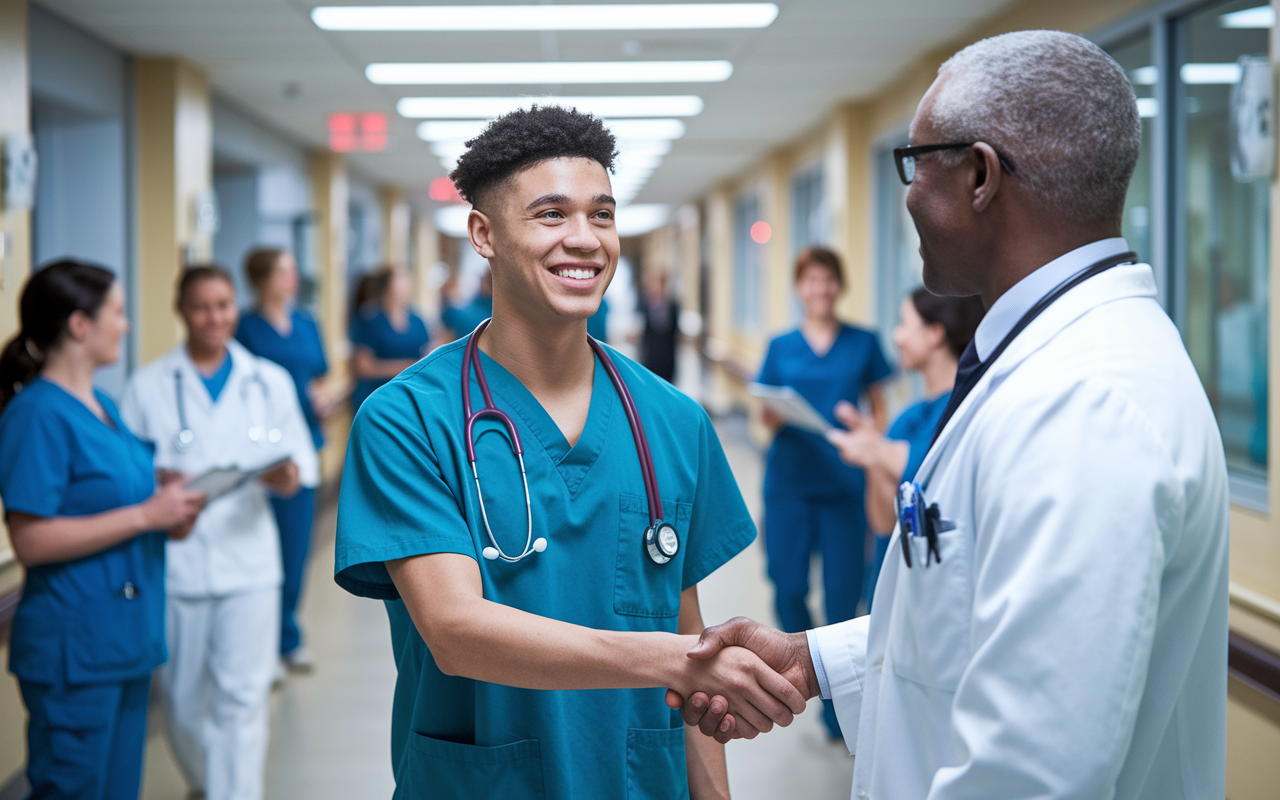 A medical student enthusiastically introducing themselves to a healthcare team in a bustling hospital corridor. The background captures dimensions of a busy healthcare environment with nurses, doctors, and patients. The student radiates eagerness and warmth, while a physician shakes hands, showing mutual respect and collaboration. The lighting is bright and inviting, symbolizing an atmosphere of learning and mentorship.