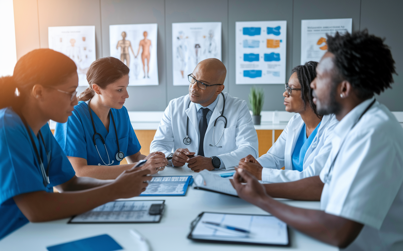 A diverse healthcare team gathered around a table for a case review session, featuring a doctor, nurse, pharmacist, and social worker engaged in a dynamic discussion. The setting is a modern conference room, with charts and patient records displayed on the wall. Collaborative spirit is evident as they outline treatment plans for a complex case, with warm lighting creating an inclusive atmosphere of teamwork and shared learning.