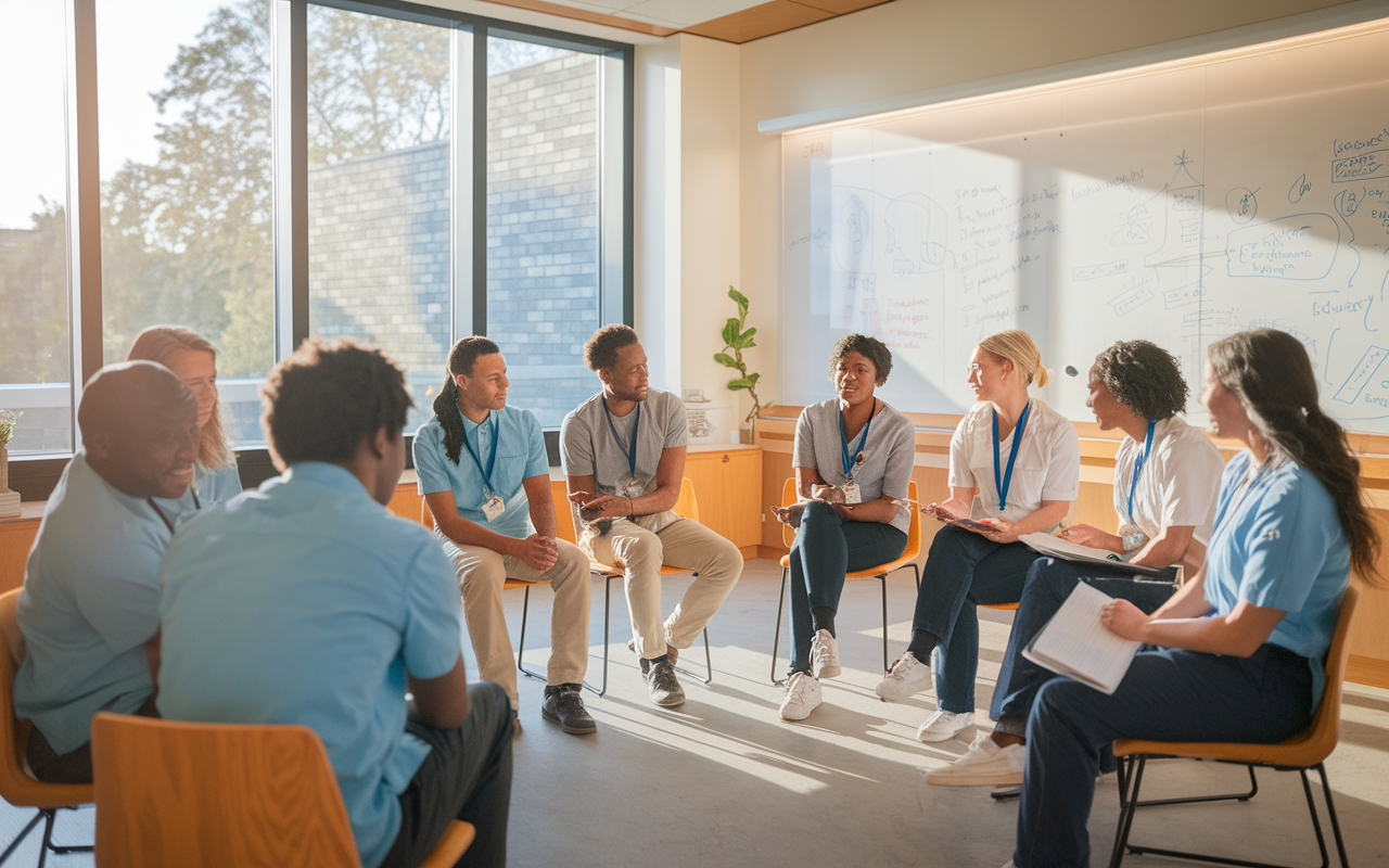 A serene, inviting breakout space within a medical school where students are engaged in reflective discussions about their clinical experiences. The room is filled with natural light from large windows, creating a warm atmosphere. Students share insights while seated in a circle, showcasing a variety of ethnic backgrounds, all wearing casual medical attire. A whiteboard filled with diagrams and notes in the background hints at the depth of their discussions. The image should convey a sense of camaraderie and intellectual growth.