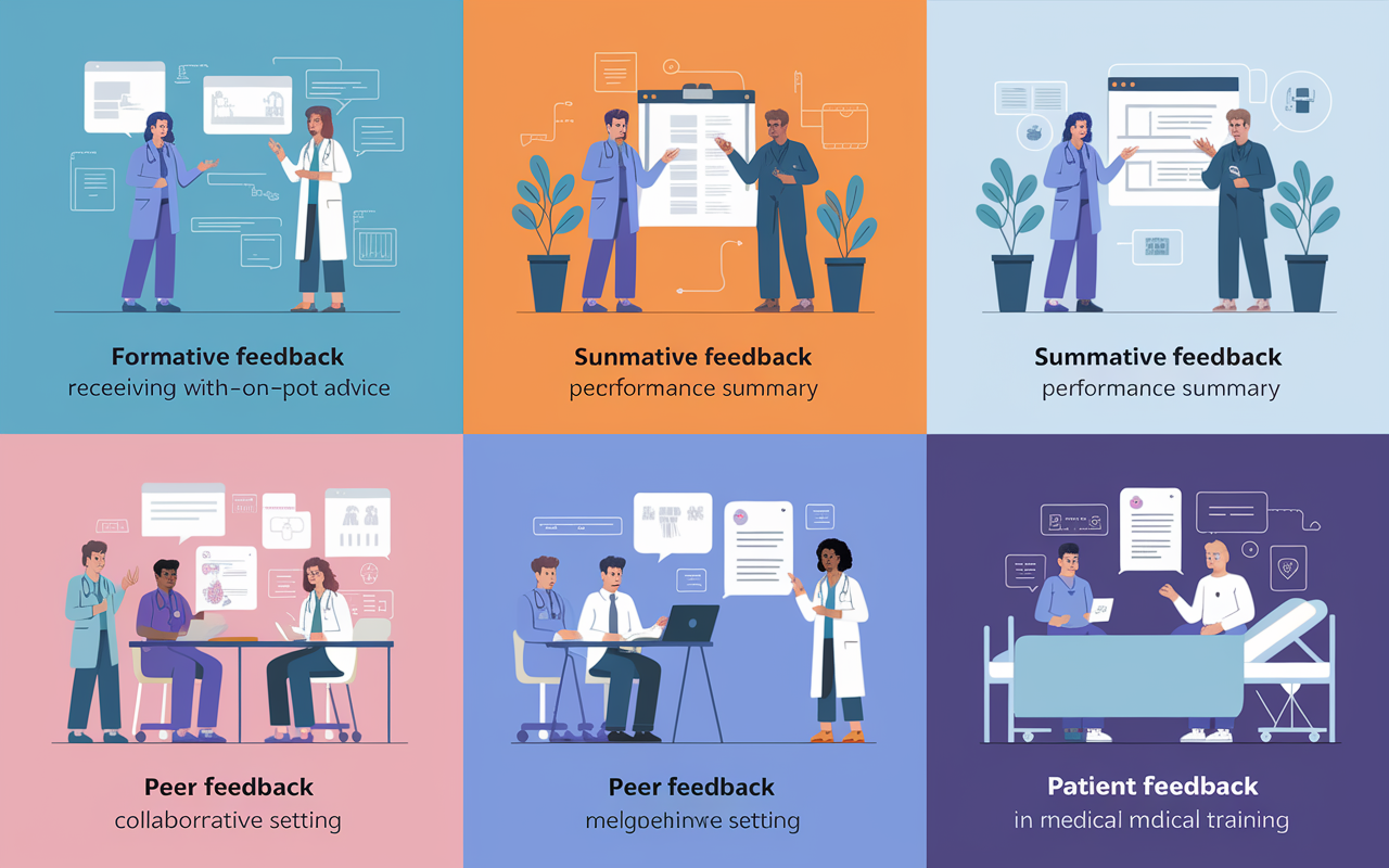 An informative illustration depicting various types of feedback in clinical rotations. The image is divided into sections that visually represent formative feedback with a student receiving on-the-spot advice, summative feedback with an evaluator providing a performance summary, peer feedback in a collaborative group setting, and patient feedback during an interaction at a bedside. Each section is vibrant and engages the viewer, showcasing the significant aspects of feedback in medical training.