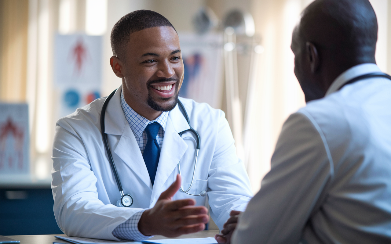 A medical student in a smart laboratory coat sitting across from an experienced attending physician, visibly engaged in an open communication exchange about feedback after a patient consultation. The atmosphere is warm and encouraging, with natural light illuminating the room, highlighting the student's attentive demeanor. Various medical tools and charts are visible in the background, emphasizing the clinical relevance of the discussion. The focus is on the dialogue as a learning moment, capturing the essence of mentorship.