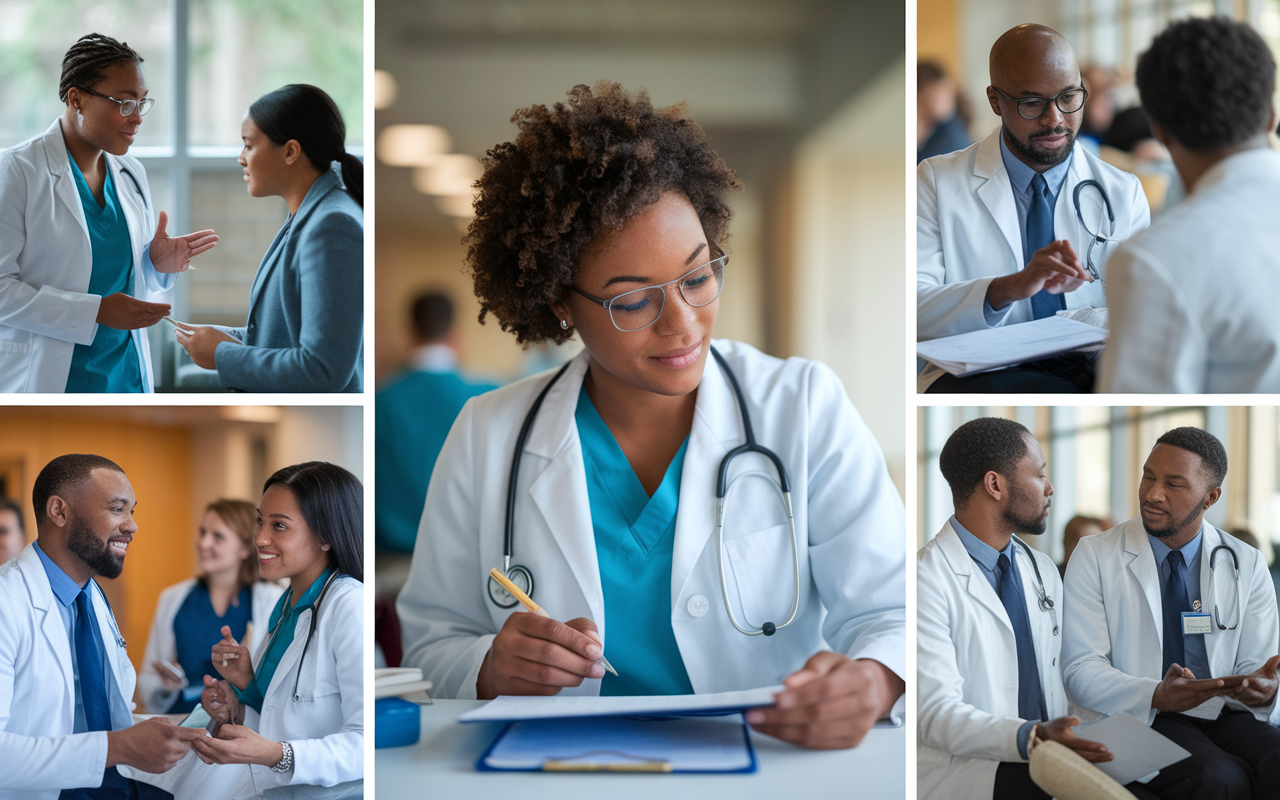 A collage of medical students actively applying feedback during clinical rotations in various settings: one student is effectively interviewing a patient, another is reviewing patient charts with insightful focus, and a third is participating in group discussions with peers. Each scene is well-lit and showcases enthusiasm and determination, capturing the essence of growth and development in skills. The surrounding environment reflects a bustling hospital atmosphere, signifying the real-world context of these learning experiences.