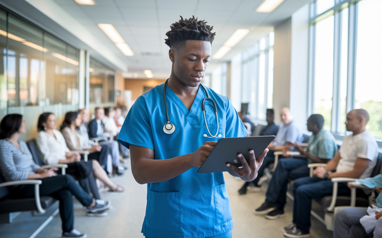 A focused medical student in scrubs standing at a hospital ward, looking at a challenging medical scenario on a screen, demonstrating a growth mindset. The student's expression shows determination and eagerness to learn, surrounded by waiting patients. The ward is brightly lit with natural light coming through large windows, enhancing the atmosphere of optimism and engagement in learning.