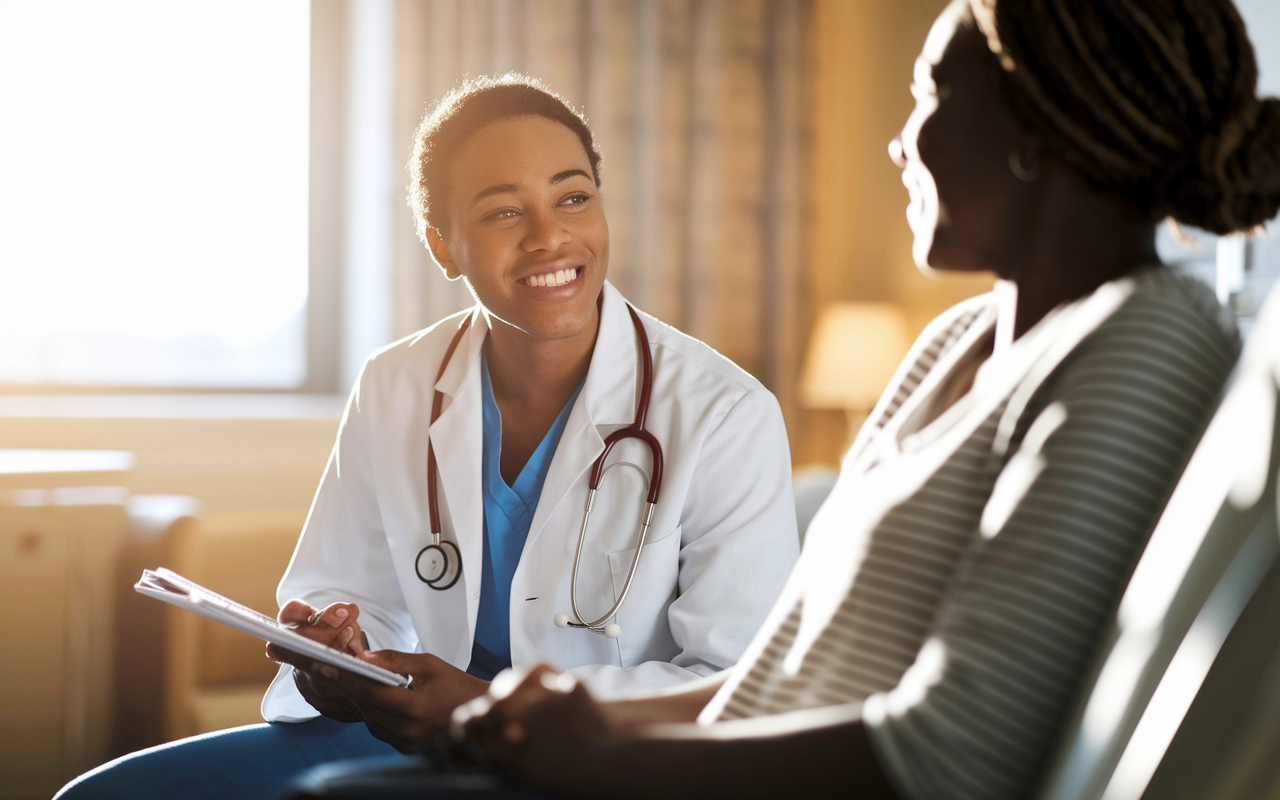 A caring medical student interacting empathetically with a patient in a hospital room. The student is smiling and attentively listening to the patient's concerns while holding medical notes. The patient looks calm and relieved, indicating comfort. The room is warmly lit with sunlight streaming through the window, creating a supportive and trusting environment.