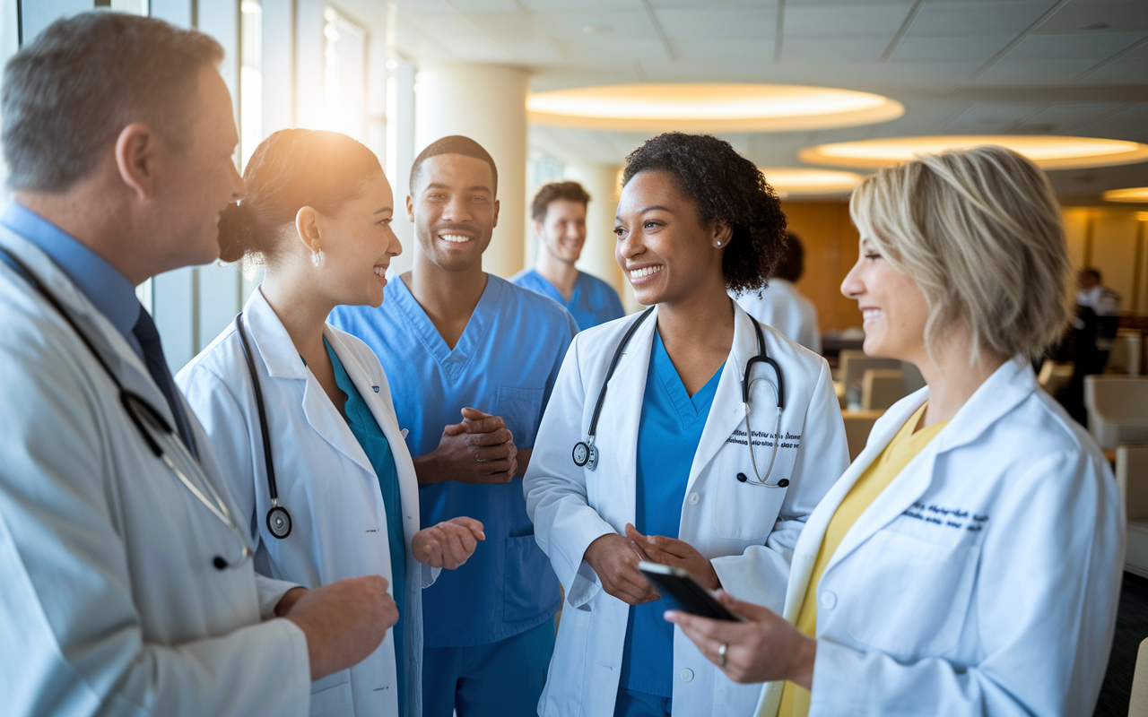 A group of medical students together in a hospital lounge, exchanging smiles and expressions of gratitude after a busy rotation. One student is expressing thanks to a supervising doctor, while others are engaged in light conversation, showcasing camaraderie. The environment is warm and inviting with sunlight filtering through the windows, creating an atmosphere of positivity and appreciation.