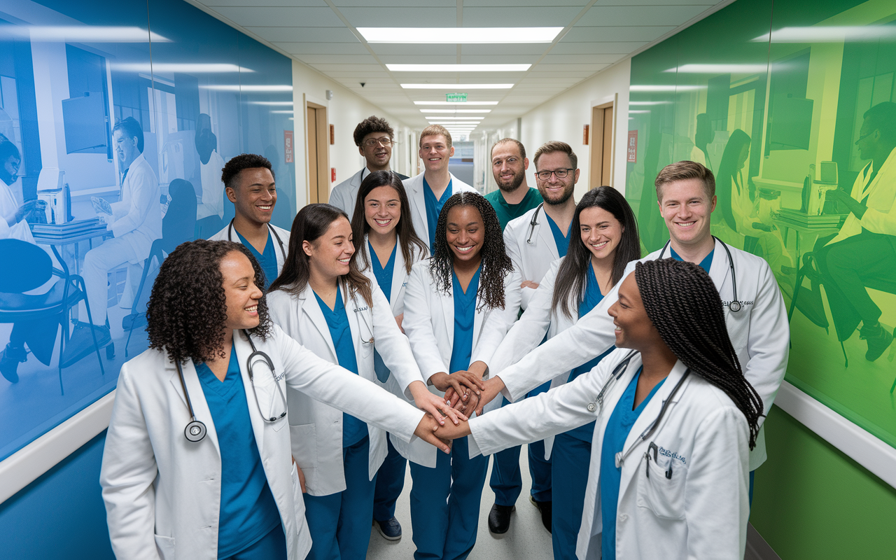 A group of medical students celebrating their successful completion of a challenging clinical rotation. They are gathered in a hospital corridor, smiling and holding hands, reflecting teamwork and kinship. The setting is bright and inviting, with medical equipment and patient interaction scenes in the background, symbolizing their journey through learning and growth in medicine.