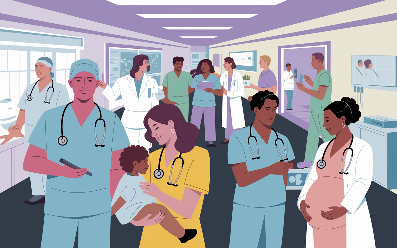 An illustrative overview of various medical specialties represented by different healthcare professionals in a busy hospital corridor. Each character is engaged in their respective specialties, such as a surgeon in scrubs, a pediatrician examining a child, and an obstetrician consulting with a mother-to-be. The lighting is bright and vibrant, indicating a dynamic healthcare environment filled with teamwork and patient care.