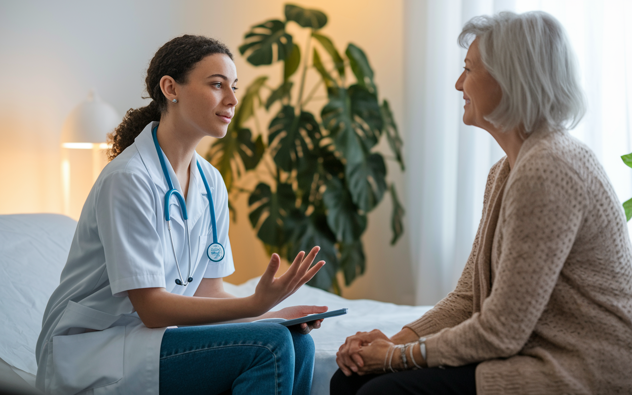 A focused young medical student sitting across from a patient in a bright examination room, utilizing open-ended questions. The atmosphere is warm and inviting, with a potted plant in the corner and soft lighting. The patient, a middle-aged woman, appears comfortable while sharing her concerns, showcasing a moment of trust and engagement between them.