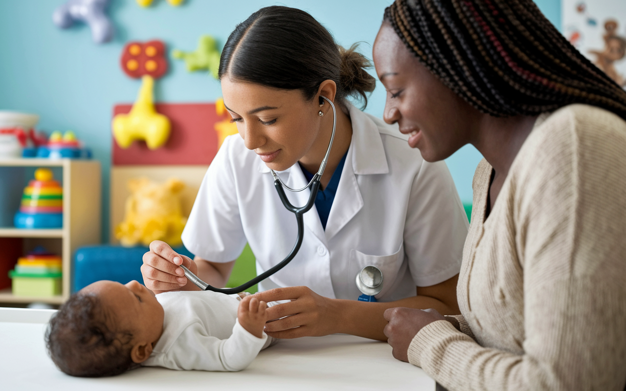 A caring medical student gently examining an infant in a pediatric clinic. The atmosphere is calm, with colorful decor and toys in the background. The student uses a stethoscope, and the attentive parent watches closely, highlighting the importance of a thorough physical examination and parental engagement.