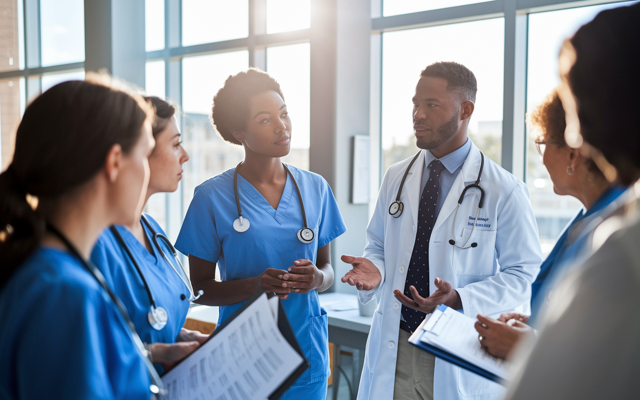 Inside a busy hospital ward, a confident medical student stands beside their attending physician, presenting a case to a small group of healthcare professionals. The atmosphere is filled with focus and engagement, with charts and patient records in hand. Natural light pours in through the large windows, emphasizing the collaborative learning environment.