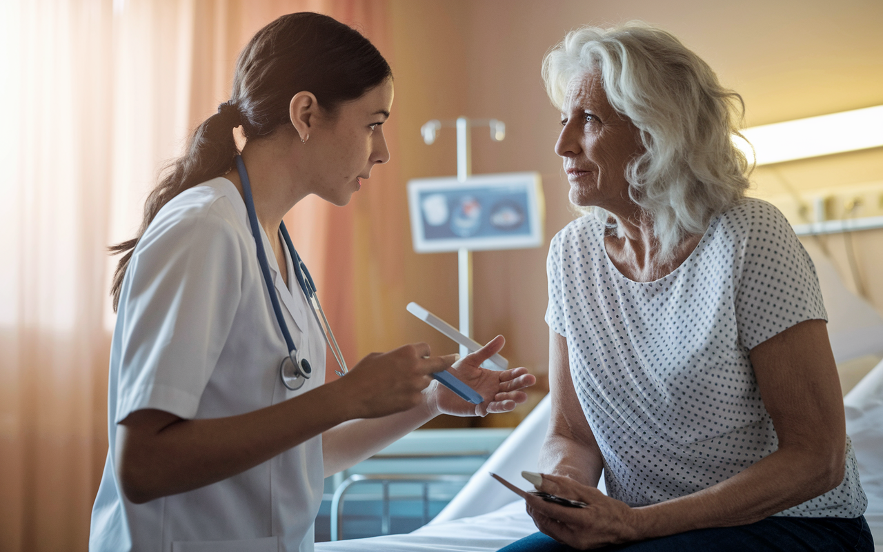 A caring medical student explaining a treatment plan to a concerned middle-aged female patient sitting in a hospital room. The student uses visual aids to illustrate medical concepts, and the patient is visibly engaged in the discussion. Soft, warm lighting creates an atmosphere of comfort and understanding.