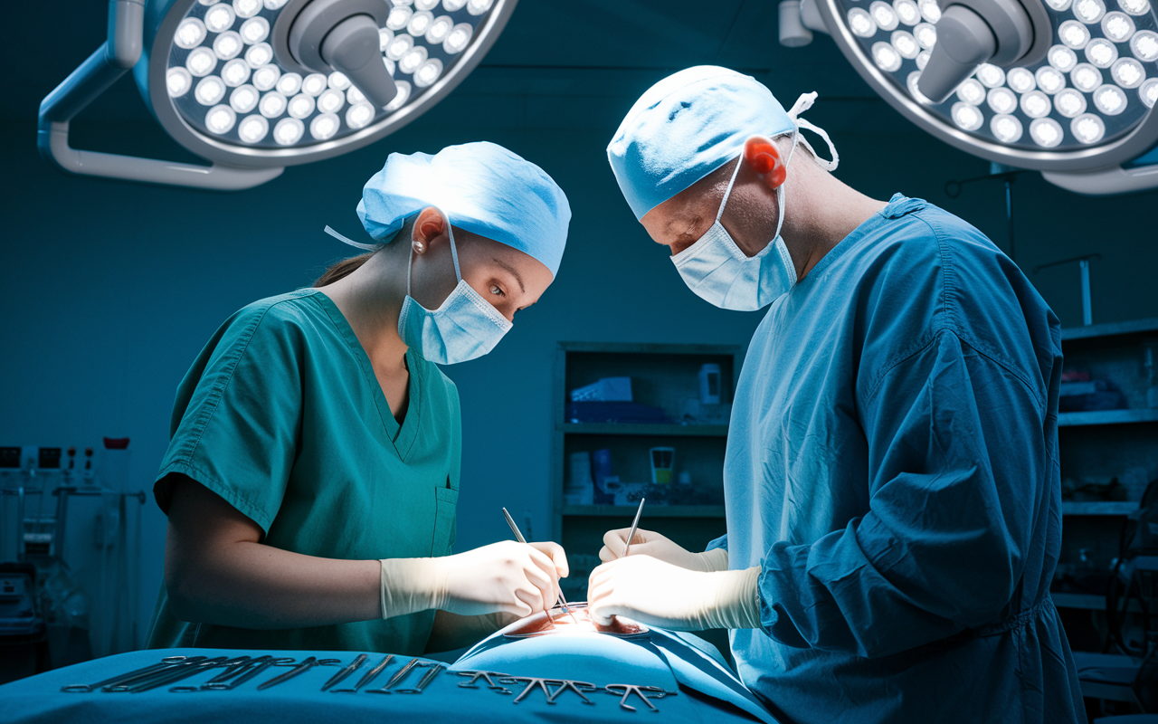 A focused medical student in scrubs, wearing sterile gloves, assists an experienced surgeon during a minor procedure in an operating room. The intense atmosphere is illuminated by bright overhead lights, showcasing the critical nature of the task at hand. Surgical instruments are neatly arranged, highlighting the importance of precision and teamwork in the surgical process.