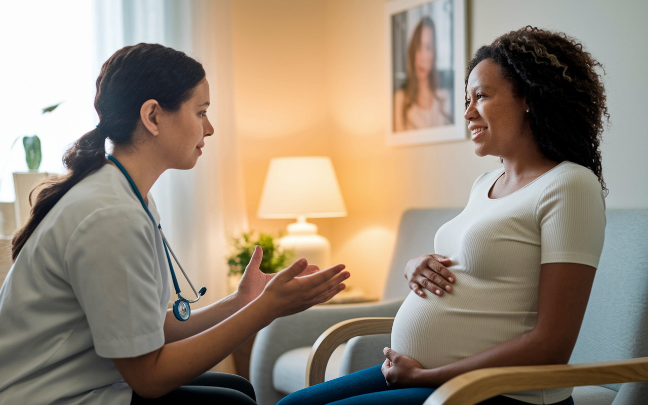 A medical student attentively discussing privacy and confidentiality with a pregnant woman in an obstetrics office. The setting is warm and welcoming, featuring soft lighting and comfortable seating. The atmosphere emphasizes the importance of ethical considerations in patient care and decision-making.