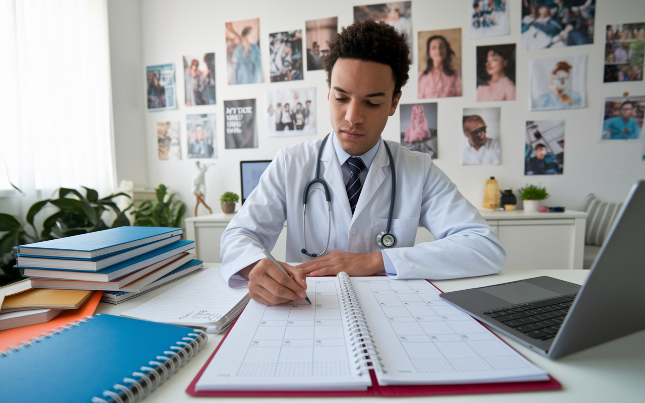 A diligent medical student sits at a desk cluttered with notes and textbooks, creating a detailed daily schedule on a planner. The room is bright, filled with motivational posters and a laptop, representing a balance between study, patient care, and personal time management. The image captures a moment of reflection and organization needed in a busy medical environment.