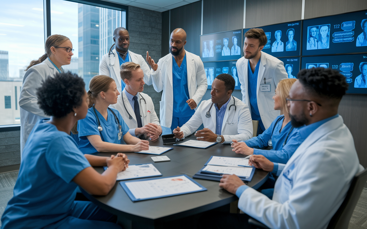 An engaging scene in a hospital conference room filled with diverse healthcare professionals discussing patient cases. The atmosphere is lively yet focused, with charts and digital displays highlighting important information. Each team member contributes, illustrating the power of teamwork in enhancing patient care.