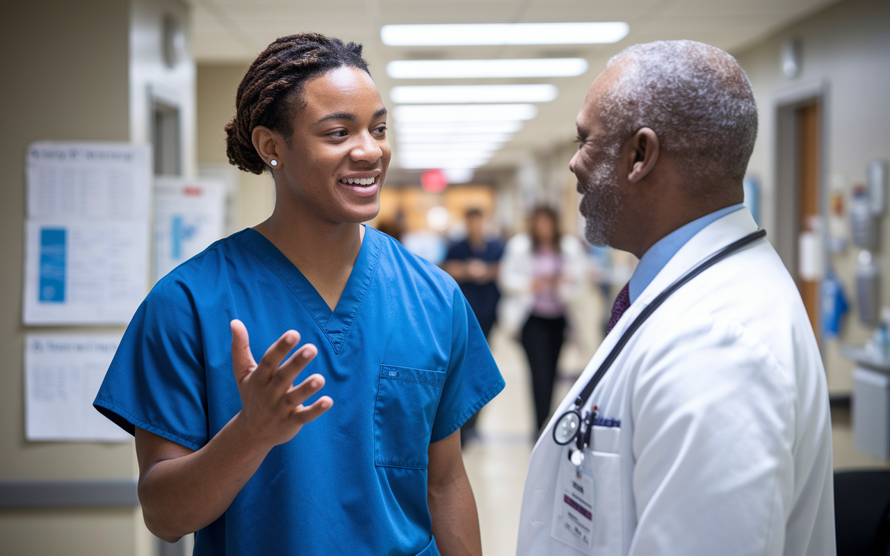 A focused medical student in scrubs enthusiastically introducing themselves to an attending physician in a hospital setting. The physician, depicted with a friendly demeanor, listens attentively, creating an atmosphere of mentorship. The background shows a busy healthcare environment, with medical charts and patient rooms, emphasizing the importance of networking in the clinical realm.