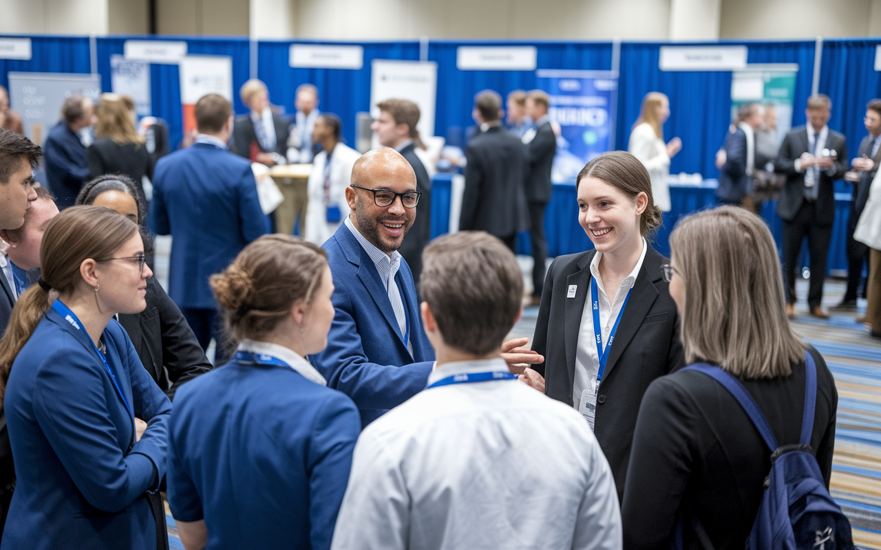 An engaging scene depicting medical students networking at a professional conference with booths and banners in the background. Students in professional attire are exchanging ideas, while a resident shares insights with a group gathered around, showcasing enthusiasm and cooperation among medical professionals. The atmosphere is vibrant, implying a shared passion for healthcare and learning.