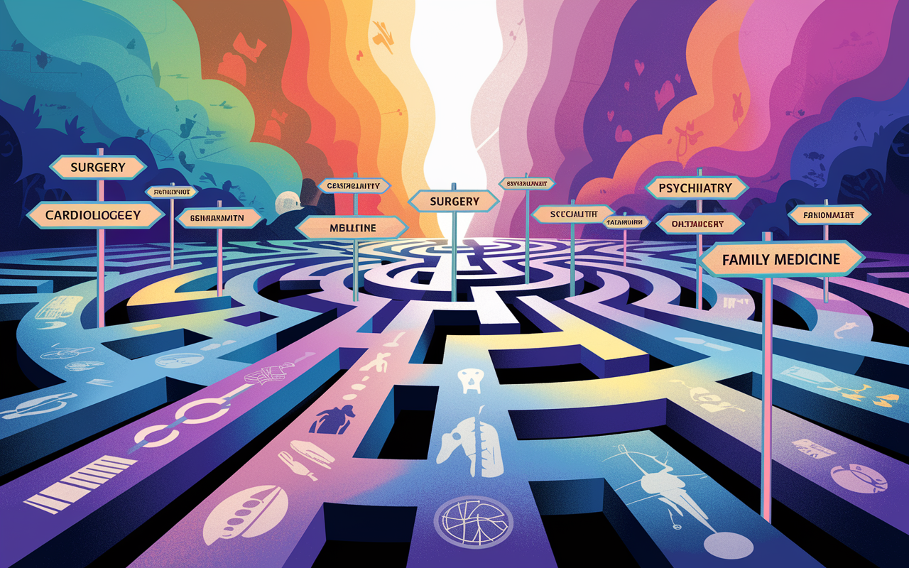 An illustration showcasing a vibrant visual maze representing various medical specialties. At the center, a labyrinth of pathways leads to numerous signposts labeled with specialties like surgery, cardiology, psychiatry, and family medicine. Each path is adorned with images of related medical tools or patients. The background is filled with an abstract blend of colors symbolizing the diversity of medicine. Soft, diffuse lighting enhances the maze's mystical quality.