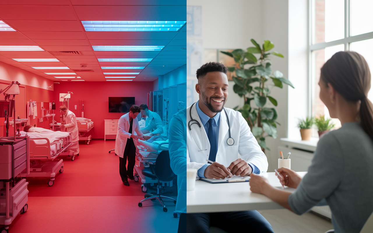 A split-screen image illustrating the contrast between intensive medical environments and a calm lifestyle. On one side, a hectic emergency room with doctors attending to patients, bright overhead lights, and urgent energy. The other side features a peaceful family practice with a relaxed physician engaging warmly with a patient in a well-lit, inviting office. The transition between the two environments symbolizes the diverse demands of different medical specialties.