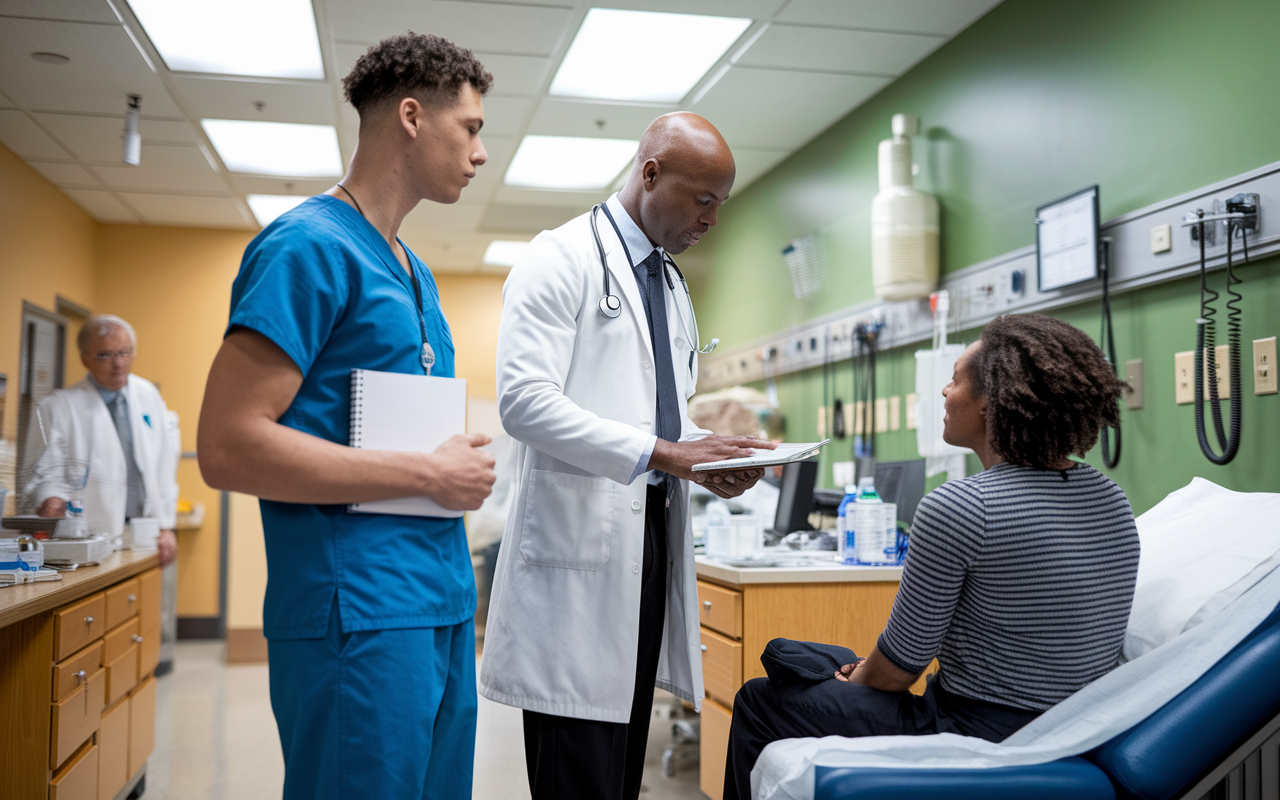 A medical student observing a physician in a bustling hospital environment. The student, a young man in scrubs, stands with a notebook, attentively watching as the physician interacts with a patient in a bright, busy exam room. Medical equipment, charts on the wall, and a warm atmosphere indicate the intensity and dedication found in the medical profession. Captured in a candid, immersive style, conveying the energy and learning experience.