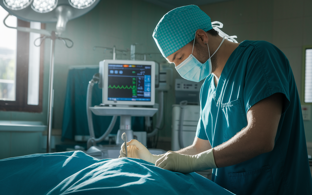 A surgeon in scrubs with a surgical mask on, carefully checking the incision of a patient in a recovery room, with soft natural light filtering through a window. The room is equipped with medical monitoring devices, and the atmosphere conveys calmness. The surgeon's facial expression shows compassion and focus, indicating the care provided post-surgery. The scene captures the essence of surgical recovery, highlighting the importance of attentive patient care.