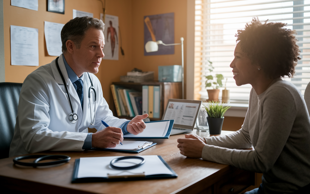 An internist in a doctor's office sitting across from a patient, deeply engaged in conversation. The room is warmly lit, filled with medical charts and a stethoscope on the desk. The internist is carefully listening and taking notes, displaying a compassionate and attentive demeanor. The patient looks relieved, feeling heard and understood, highlighting the importance of relationship-building in Internal Medicine. The scene captures the essence of a thoughtful medical consultation.