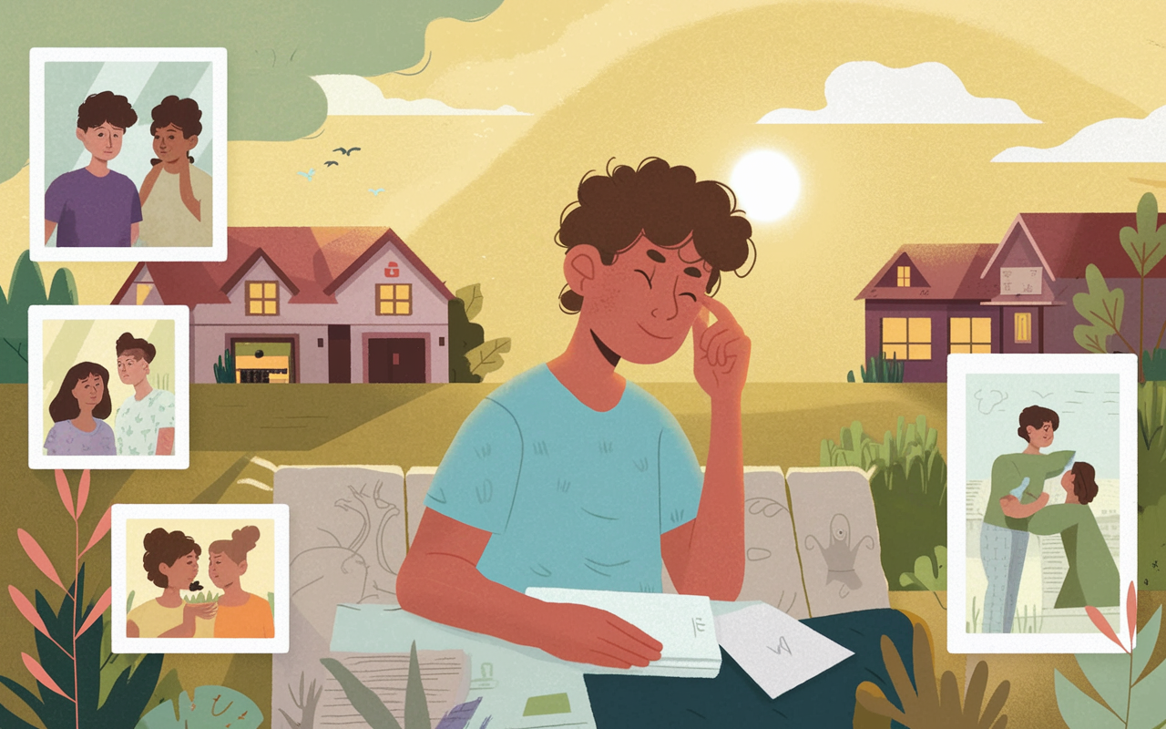 A thoughtfully illustrated scene of a young person reflecting on their childhood in a small town with limited healthcare, surrounded by symbolic elements like photographs of family, a local clinic in the background, and a sun setting over the houses, indicating hope and inspiration for a future in medicine. Soft, warm colors enhance the nostalgic atmosphere.