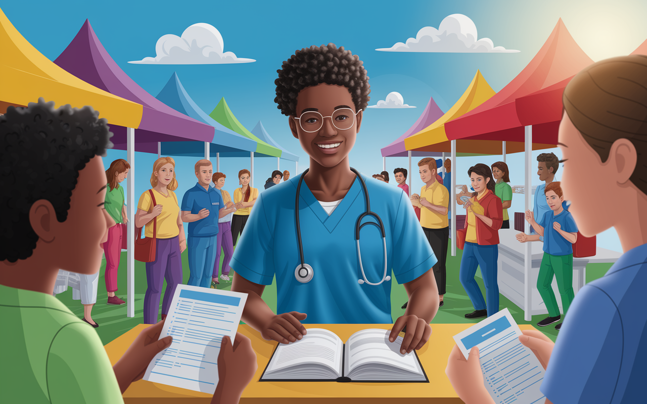 A vibrant scene set at a local health fair, where a passionate volunteer interacts with patients under a bright blue sky. Colorful tents and cheerful families surround them, showcasing an atmosphere of community. The volunteer is depicted engaged and inspired, with a warm smile as they help patients access vital information about preventive care.