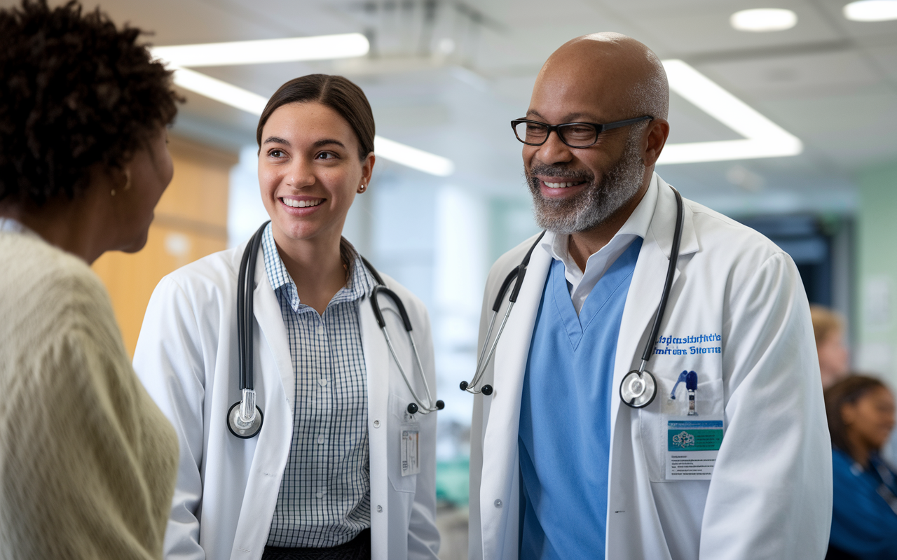 An insightful moment captured in a bustling hospital setting, where a student interns alongside a kind-hearted cardiologist, attentively listening to a patient’s story. The bright, clinical environment contrasts with the human connection being formed, highlighting empathy in doctor-patient interactions. The light emphasizes the care and professionalism in the scene.