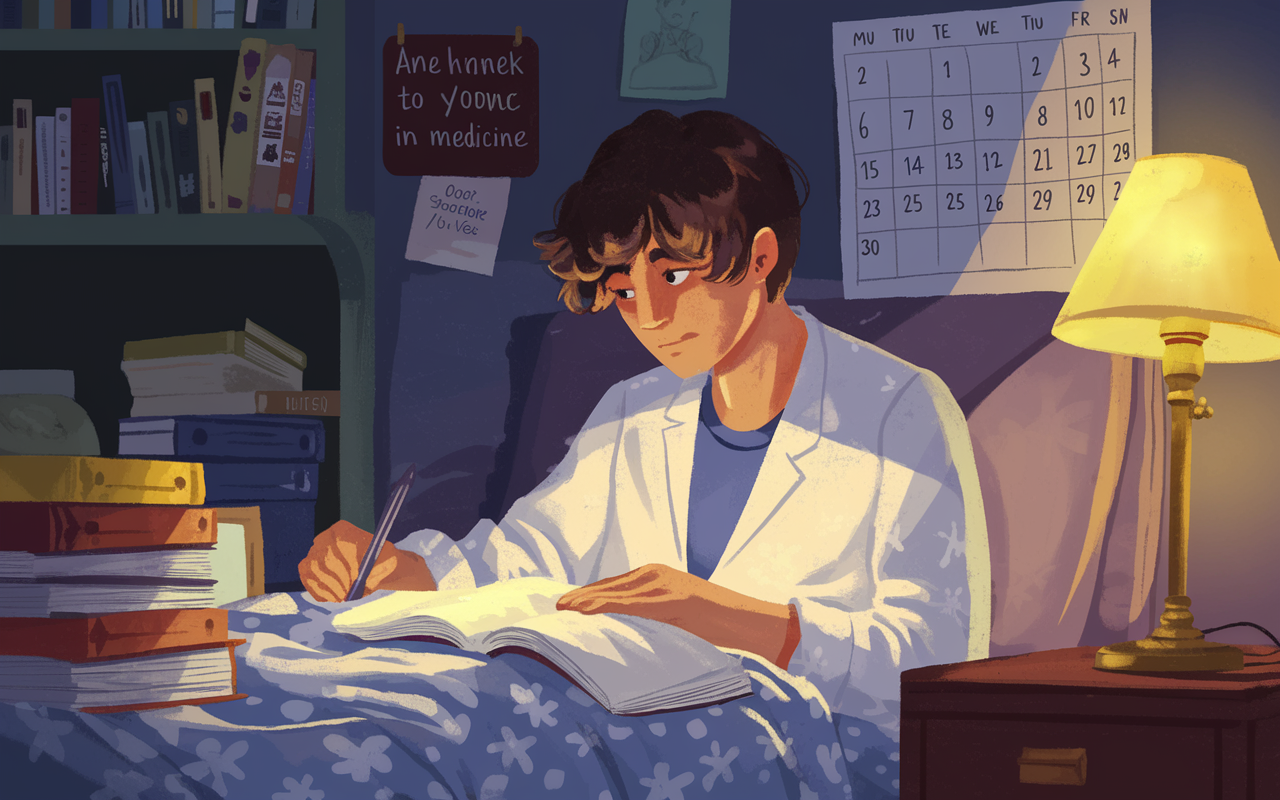 A powerful depiction of a young individual juggling responsibilities at home while studying late into the night. The scene illustrates a bedroom filled with school materials, a dim lamp lighting up a determined face, and a calendar showing care responsibilities. The atmosphere conveys a sense of challenge, but also resilience and dedication to personal goals in medicine.