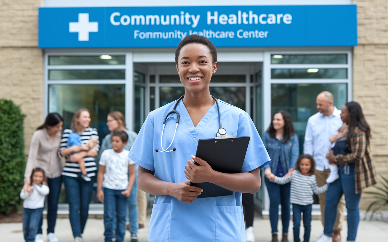 An aspirational scene showing a young medical professional standing confidently in front of a community healthcare center, surrounded by families and children. They hold a clipboard and smile warmly, embodying their commitment to enhance healthcare accessibility. The setting is bright and welcoming, symbolizing hope and community engagement.