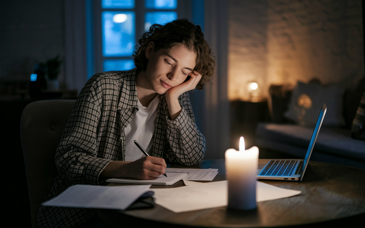 An enchanting scene where an applicant reflects on their experiences while writing their narrative late at night, surrounded by papers and a glowing laptop. The room is softly illuminated by a candle, creating a warm, inviting atmosphere, emphasizing the importance of personal storytelling and emotional connection.