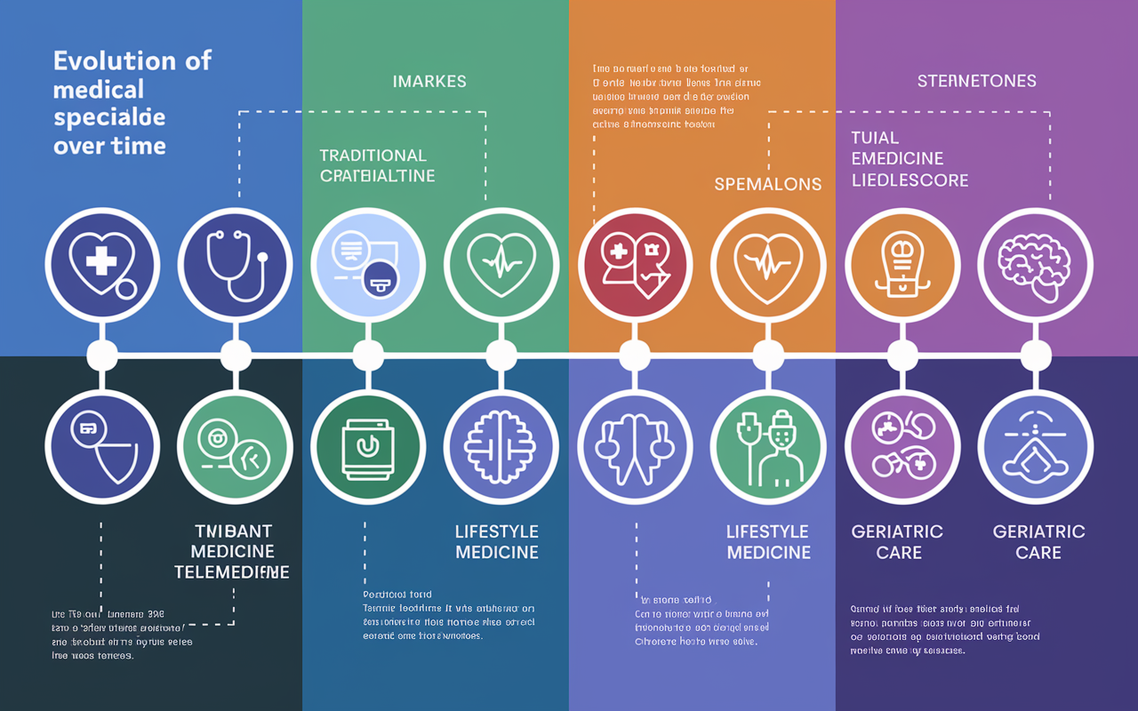 An infographic illustrating the evolution of medical specialties over time. It features a timeline with key milestones marked by images representing traditional specialties and emerging fields, like telemedicine, lifestyle medicine, and geriatric care. Each section is distinct, with vibrant colors and clear labels, accompanied by symbolic icons, such as a stethoscope, AI brain, and wellness symbols. The background includes a soft gradient to create a sense of progression and innovation in healthcare.