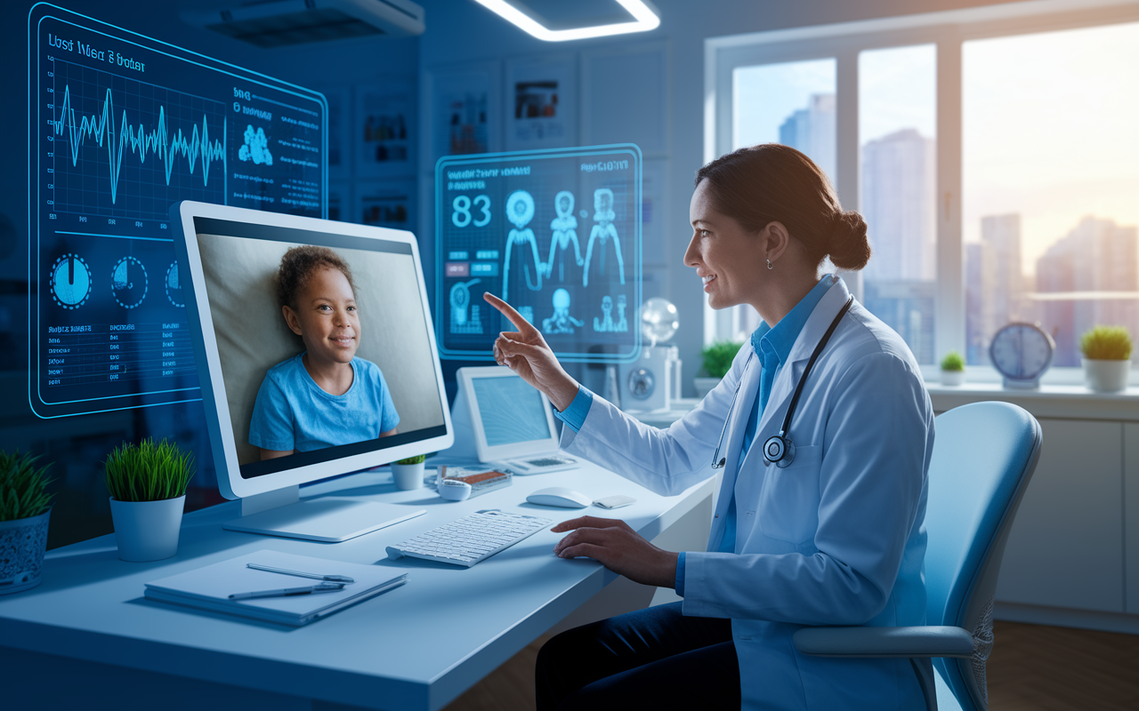 A busy telemedicine clinic with a doctor conducting a virtual consultation with a patient via a screen. The room is equipped with high-tech telehealth tools, and the doctor—a pediatrician—has a warm and approachable demeanor. The patient, a child at home, appears happy and comfortable. The background shows charts and health data displayed on digital boards, creating a futuristic atmosphere of remote healthcare. Soft, natural lighting brightens the scene.