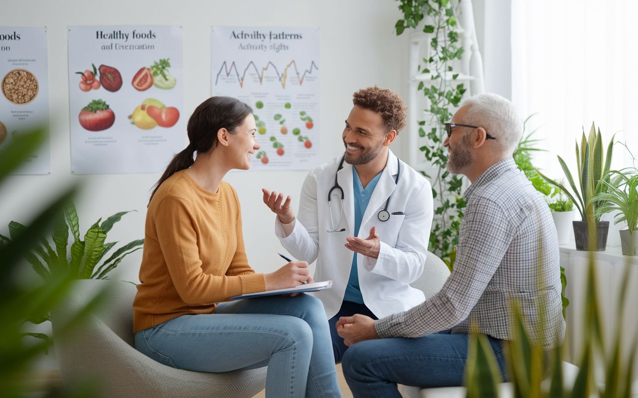 A holistic health consultation scene in a bright, soothing clinic. A lifestyle medicine physician discusses nutrition and exercise with a patient while surrounded by plants and natural light. Charts of healthy foods and activity patterns adorn the walls. The physician displays empathy and encouragement, while the patient, an adult, takes notes eagerly and smiles. The atmosphere is calm and inviting, reinforcing the focus on lifestyle changes for health.