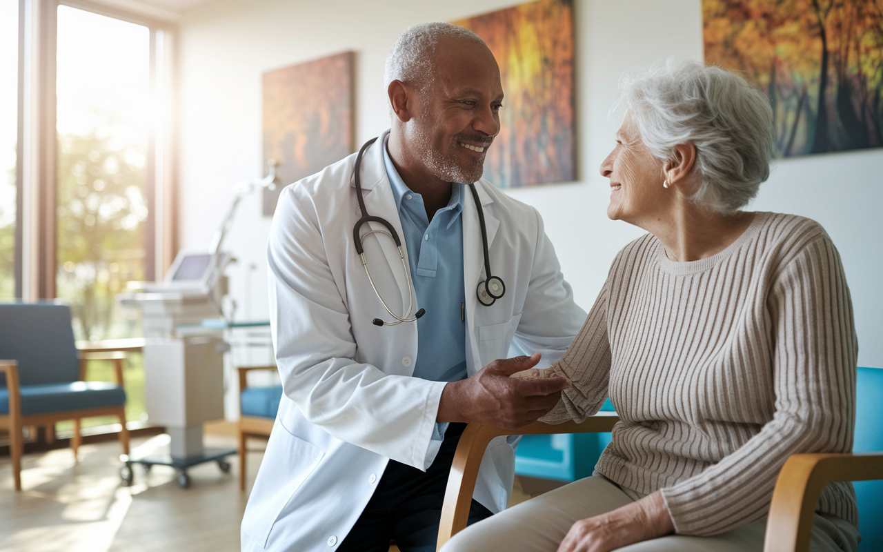 An elderly patient receiving compassionate care in a bright, welcoming geriatric clinic. A geriatrician, an older male figure with a friendly expression, discusses health concerns with his patient, an elderly woman. The environment has adaptive medical equipment and artwork that evokes warmth and comfort. Sunlight filters through large windows, emphasizing a nurturing atmosphere necessary for elderly care.