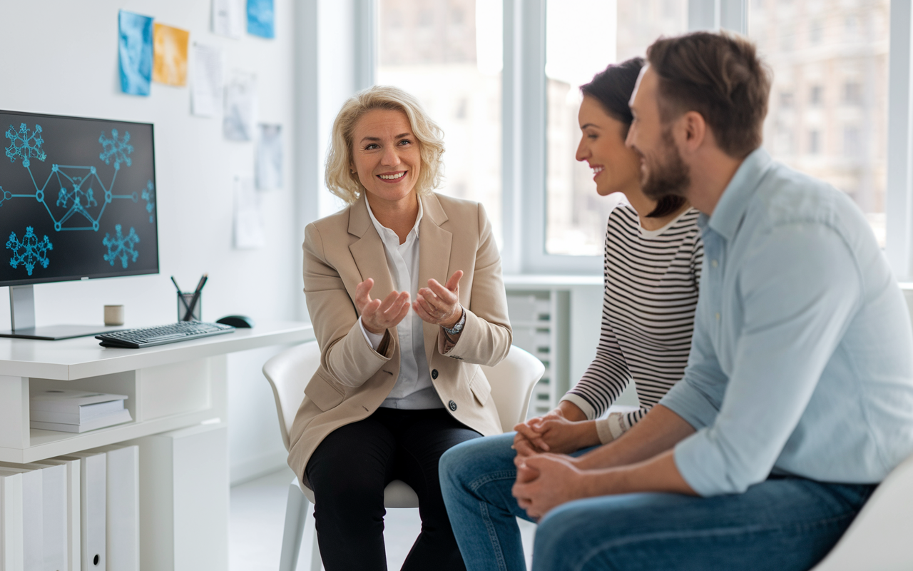 A genetic counseling session taking place in a modern, well-equipped office. A genetic counselor, a middle-aged woman, is explaining genetic testing results to a young couple seated across from her. The room is bright and filled with educational genetic material displayed on a screen. The couple appears engaged and relieved, illustrating the supportive nature of genetic counseling.