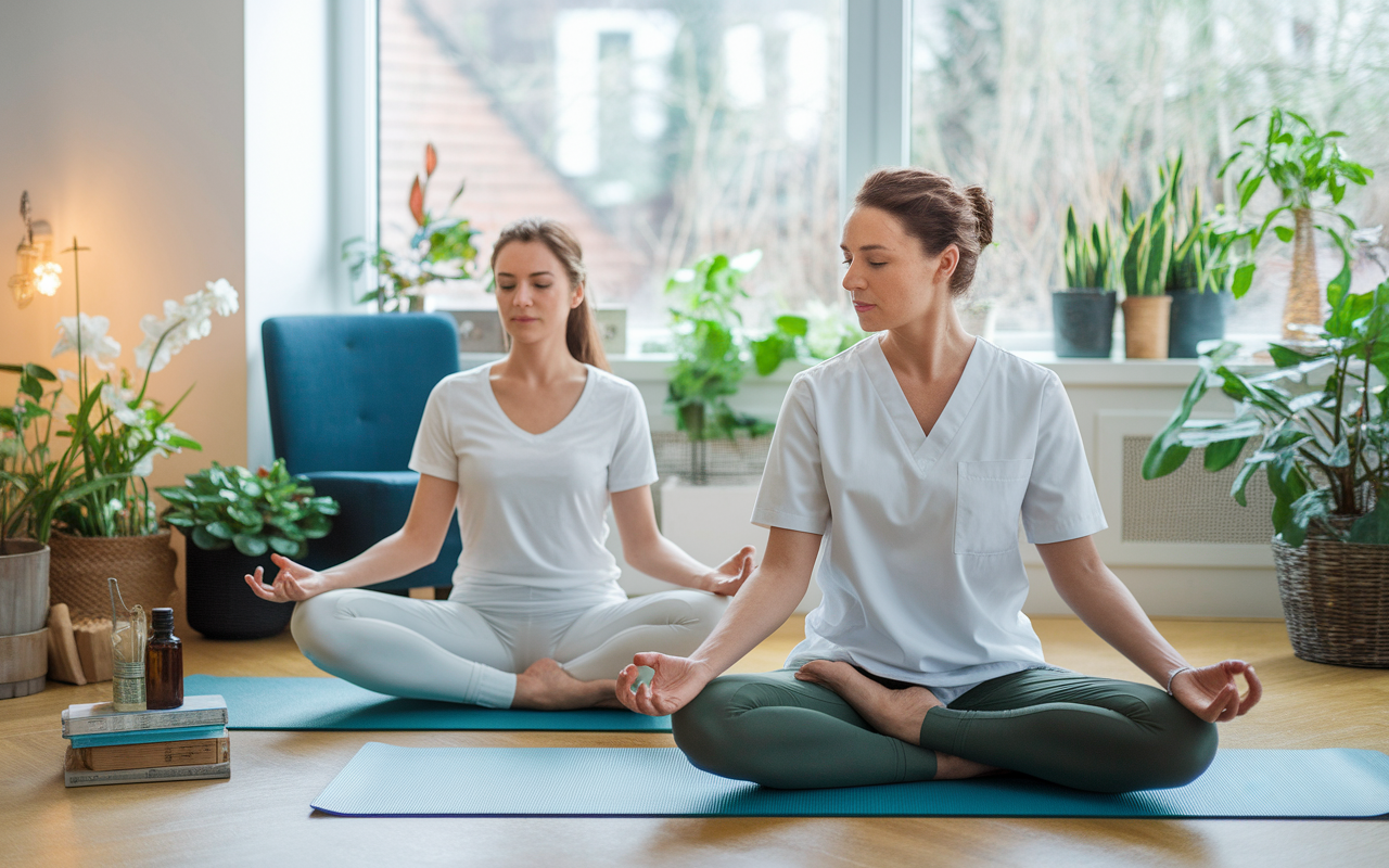 An integrative medicine practice featuring a physician using both conventional and alternative therapies. The scene includes a doctor demonstrating yoga techniques alongside a patient in a tranquil setting, surrounded by aromatherapy plants and holistic health materials. Natural light creates an uplifting environment that promotes overall wellness, showcasing the fusion of mind, body, and spirit in care.