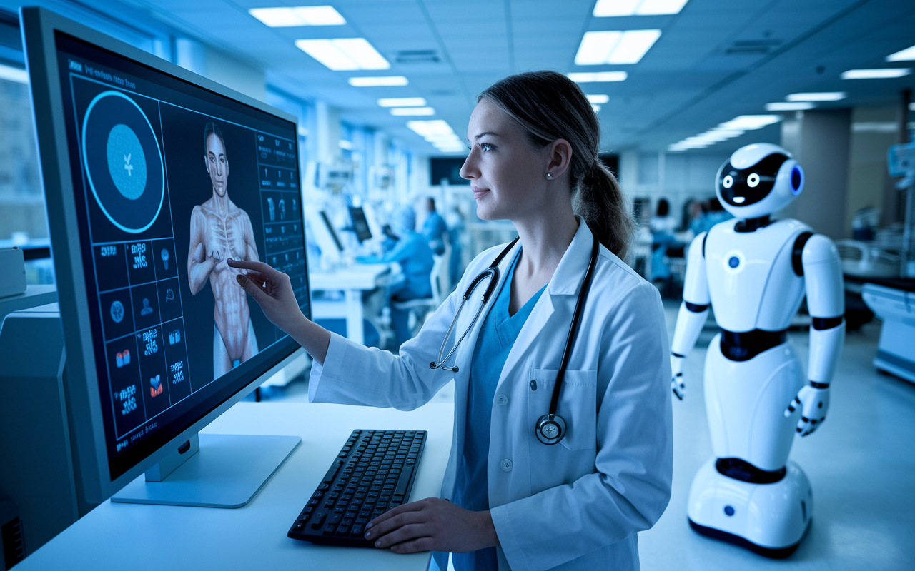 A high-tech hospital setting where a physician is interacting with an AI-powered diagnostic tool on a screen, showing patient data and analysis. The physician, a young woman, looks intrigued as she inputs data while a robotic assistant is in the background. The room is filled with advanced medical equipment, and the atmosphere is one of innovation and efficiency in improving patient outcomes.