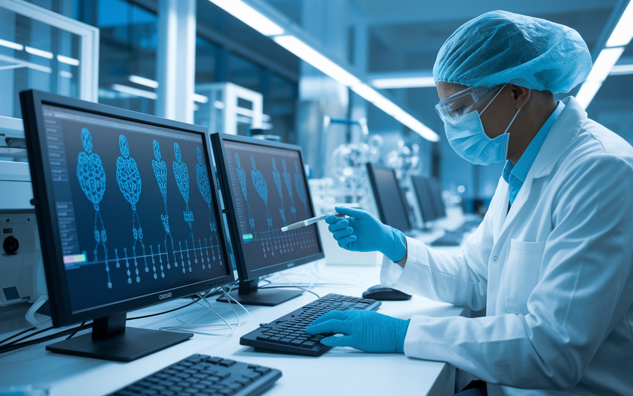 A laboratory scene where a clinical geneticist is analyzing a DNA sample with advanced genomic equipment. The scientist, wearing lab coats and safety gear, is focused and diligent, showcasing advanced genetic models displayed on computer screens. The lab is well-lit, with high-tech machinery reflecting the cutting-edge nature of genetic medicine. This scene highlights the importance of personalized treatments based on genetic information.