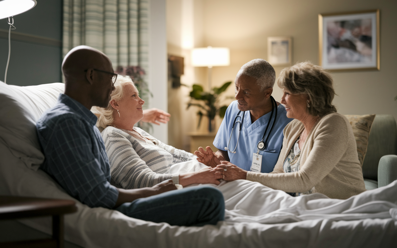 A serene hospital room where a palliative care physician is providing comfort to a terminally ill patient and their family. The physician is speaking gently, and there are supportive aids such as pillows and soft lighting creating a tranquil atmosphere. Family members are gathered closely, displaying affection and connection, showcasing the compassionate side of care that prioritizes quality of life.