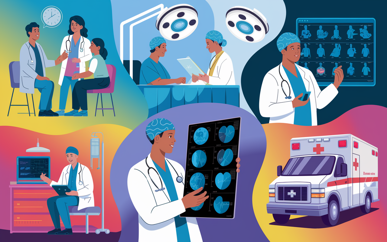 An illustrated collage showcasing various medical specialties, including a family physician interacting with patients, a surgeon in the operating room, a cardiologist reviewing heart scans, and an emergency medic in a fast-paced ambulance. Each scene is vibrant and dynamic, capturing the essence of the different fields. The background is a soft gradient that unites the images while visually illustrating the diverse paths in medicine. Colorful and engaging digital art style.