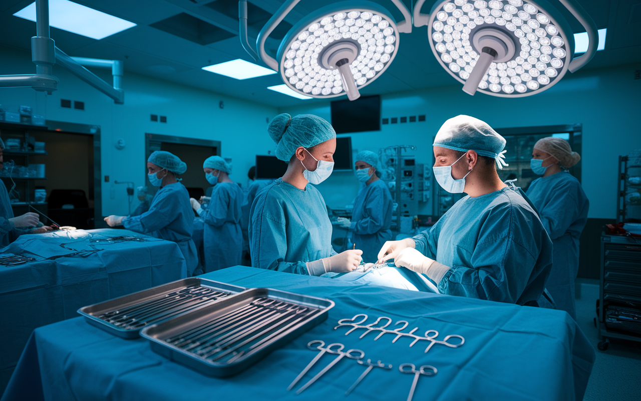 A medical student observing a surgery in a bright, modern operating room. The student is wearing surgical scrubs and a mask, eyes wide with interest while watching a surgeon at work. There are various surgical tools neatly arranged on a tray nearby. The room is bustling with activity, other medical staff in the background, focused and busy. A halo of bright over-the-head lights casts a gleaming glow over the operating table, creating a dramatic atmosphere. Photorealistic style with intricate details on surgical instruments.