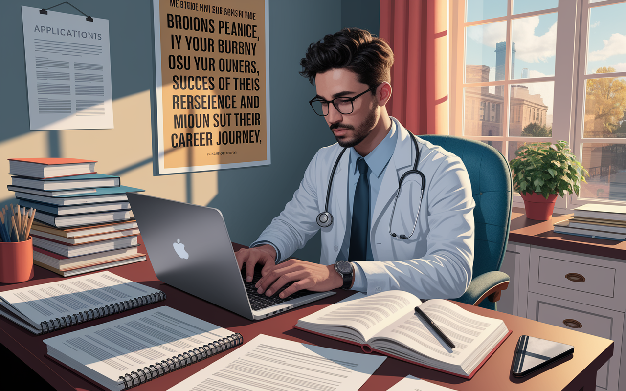 A focused medical student sitting at a desk cluttered with applications, personal statements, and research papers, typing on a laptop. The student appears dedicated, with a notebook open filled with notes on their experiences during rotations. A motivational poster on the wall about perseverance and success serves as inspiration. The room is cozy and filled with warm lighting, emphasizing the importance of this moment in their career journey. Digital art style with a motivational theme.