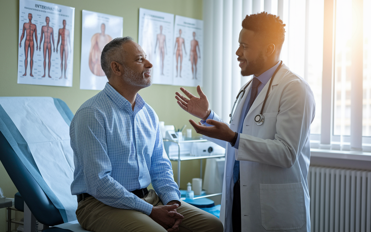 A busy internal medicine clinic featuring an internist discussing a treatment plan with a middle-aged patient in a well-lit examination room. Charts and medical diagrams are visible on the walls, and the internist is showing empathy and professionalism. Soft daylight streaming through the window creates a warm and inviting atmosphere, highlighting the doctor-patient relationship.