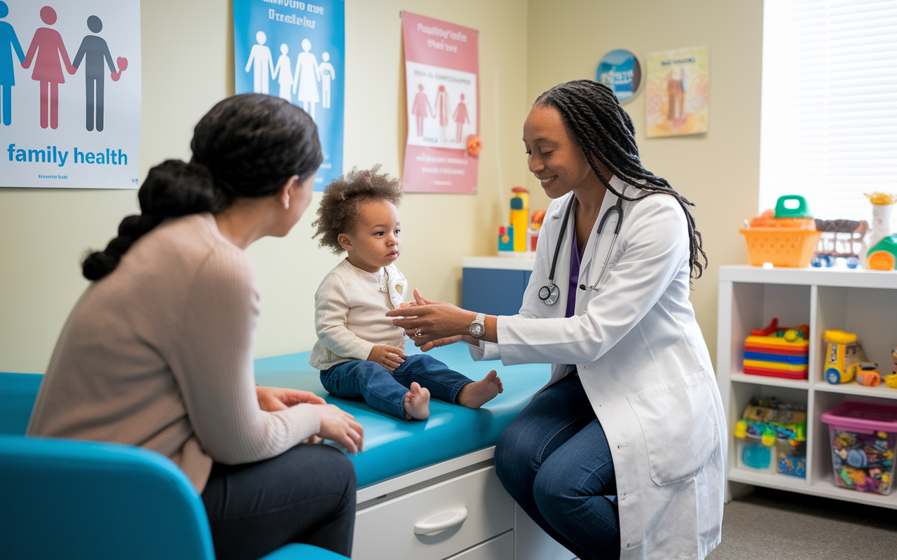 An engaging scene in a family medicine office with a family physician conducting a wellness check on a young child while a parent observes. The room is brightly lit with family health posters on the wall, toys in the corner for children, and a comforting feel. The physician exudes patience and care, depicting a nurturing environment.