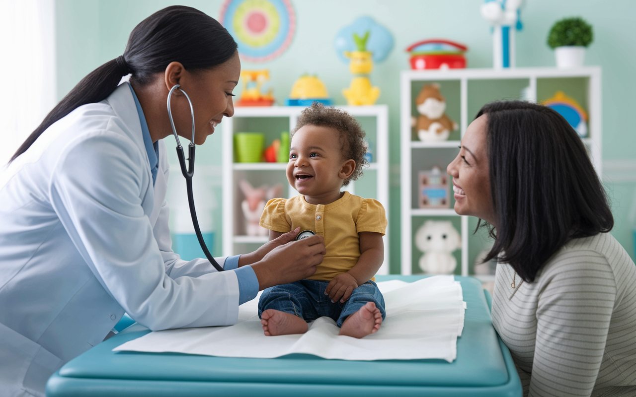 A cheerful pediatric office with a pediatrician examining a smiling infant on an examination table, surrounded by colorful toys and decorations. The pediatrician, dressed in a white coat, uses a stethoscope while a parent looks on with relief. Soft, bright colors fill the space, creating a friendly and welcoming atmosphere.