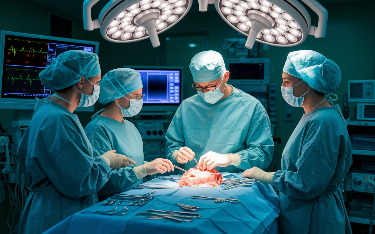 A focused scene in a brightly lit operating room where a skilled surgeon performs a complex operation with a surgical team assisting. The surgical instruments are meticulously arranged, and monitors provide vital statistics in the background. The atmosphere is tense yet professional, underscored by soft blue surgical scrubs and bright lights illuminating the teamwork and precision.