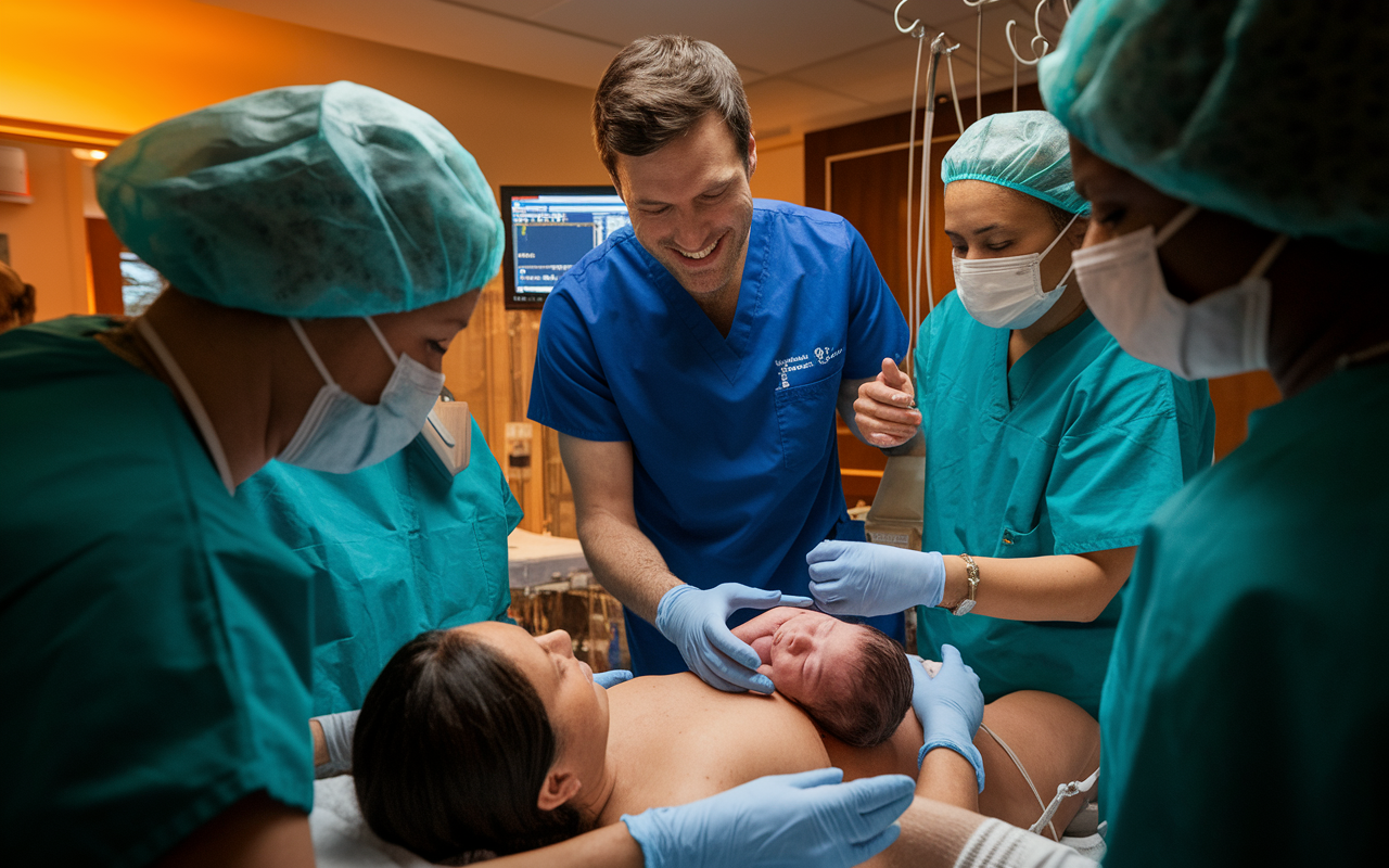 A vibrant delivery room scene capturing a professionally dressed OB/GYN welcoming a newborn into the world. The joy of the moment is felt as the child is placed on the mother's abdomen. Surrounding medical staff are assisting, with visible medical equipment and monitors indicating the nurturing environment of childbirth. Warm lighting enhances the emotional impact of this life-changing moment.